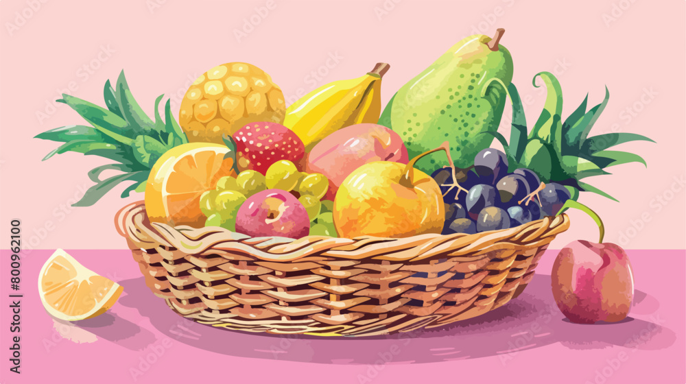 Wicker basket with different fresh fruits on pink table