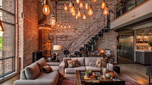 A roomy living space with ample seating and a plethora of windows providing abundant natural light, A chic industrial loft space with exposed brick walls and hanging Edison bulbs