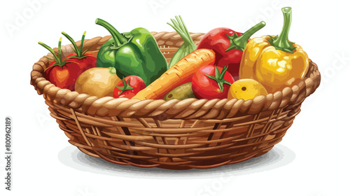 Wicker bowl with different fresh vegetables on white