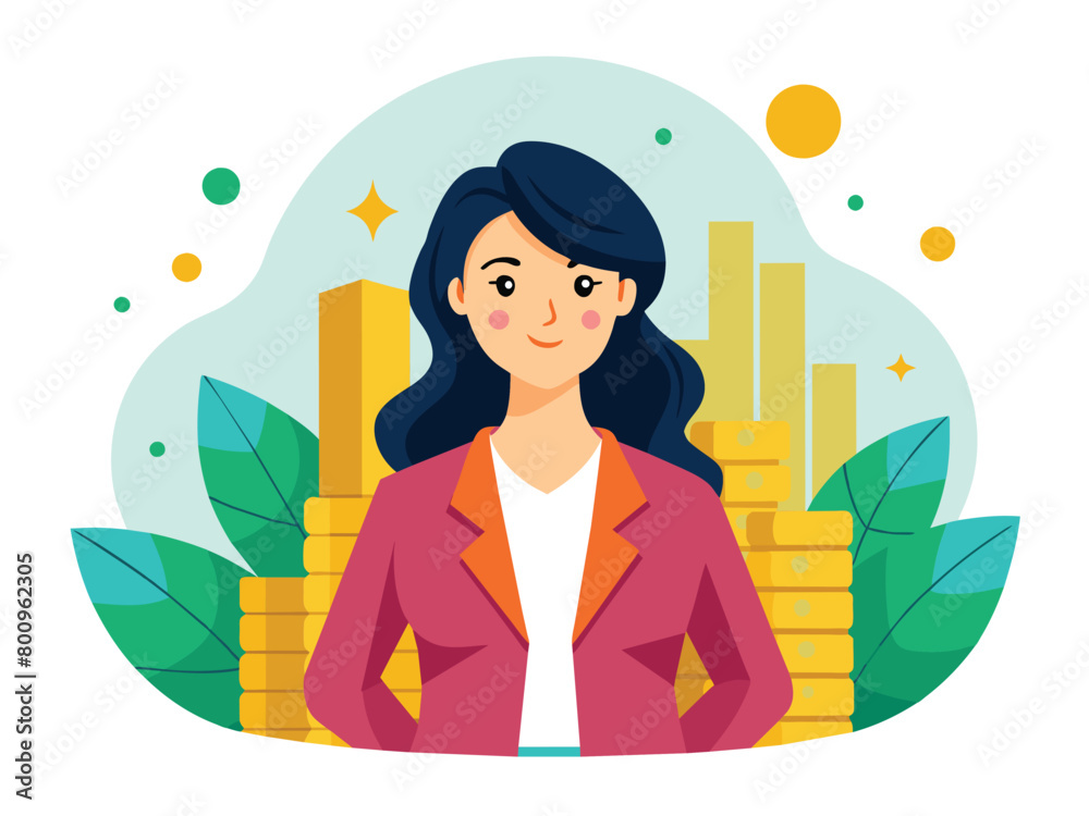 Financial success with growing investments, Wealth accumulation vector cartoon illustration. Woman investor. Financial success with growing investments, Wealth accumulation vector cartoon illustration. Woman investor.