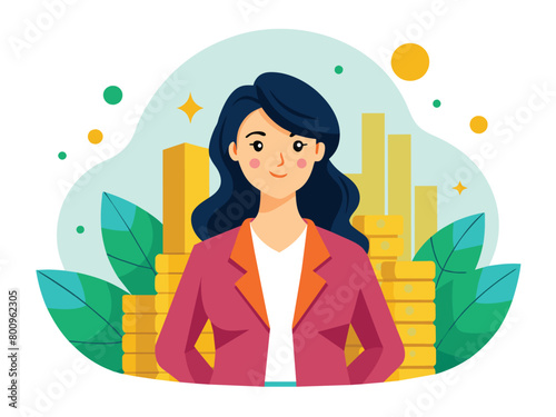 Financial success with growing investments, Wealth accumulation vector cartoon illustration. Woman investor.