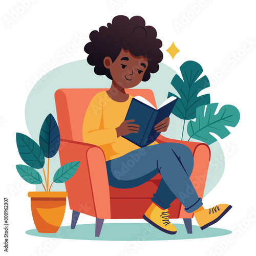 Young girl comfortably reading in a cozy armchair, vector cartoon illustration.