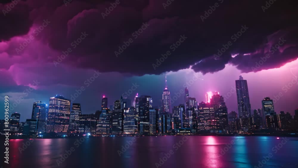 The electrifying sight of lightning illuminating a city skyline during a stormy night, A city skyline lit by forked lightning