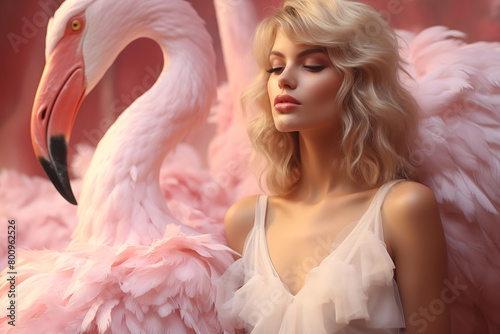 Young attractive caucasian blonde woman in a delicate dress next to a pink flamingo