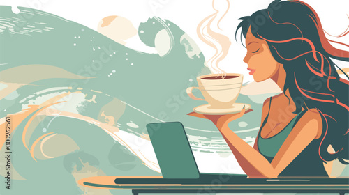 Woman drinking aromatic coffee while using laptop 