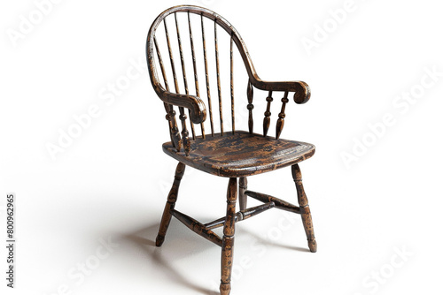 A rustic-inspired Windsor chair presented on a white background, isolated on solid white background.