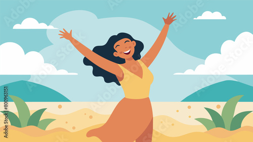 A woman dancing and laughing on a beach her arms lifted high in celebration as she embraces her newfound sense of selflove after overcoming addiction..