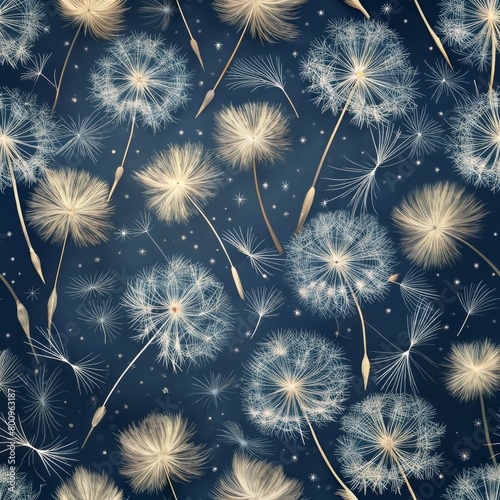 Seamless pattern of fluffy dandelion seeds carried away by the wind  Generative AI