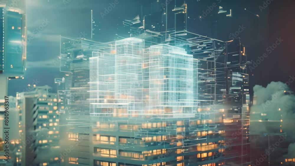 A striking city building at night stands out amidst the bright lights and bustling activity of the urban environment, A cloud of digital data constructed around a building blueprint