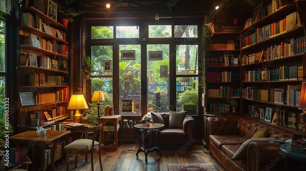 A cozy corner cafe adorned with bookshelves and reading lamps, offering patrons the opportunity to enjoy a cup of coffee or tea while immersing themselves in the pages of a good book,