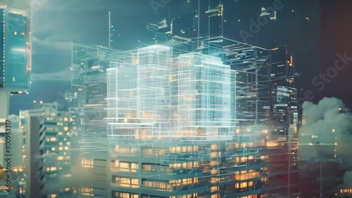 A striking city building at night stands out amidst the bright lights and bustling activity of the urban environment, A cloud of digital data constructed around a building blueprint photo