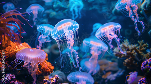 A group of jellyfish are swimming in a blue ocean. The jellyfish are mostly pink and white, and there are some orange fish swimming near them. There are also some pink and white coral reefs in the bac