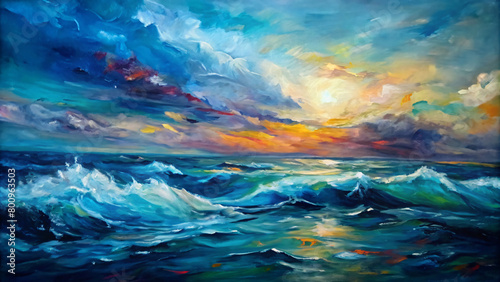 Seascape with colorful clouds at sunset or sunrise over the ocean