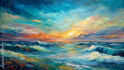 Seascape with colorful clouds at sunset or sunrise over the ocean
