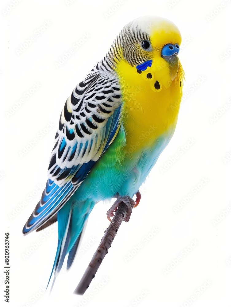 Fototapeta premium Side view of a colorful parakeet with a detailed feather pattern and a curious gaze.