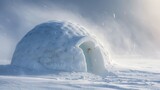 Frosty igloo amidst a snowstorm, offering a serene and isolated scene.