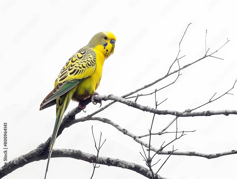 Naklejka premium Vibrant budgerigar perched on a branch with intricate feather patterns and striking blue facial markings.