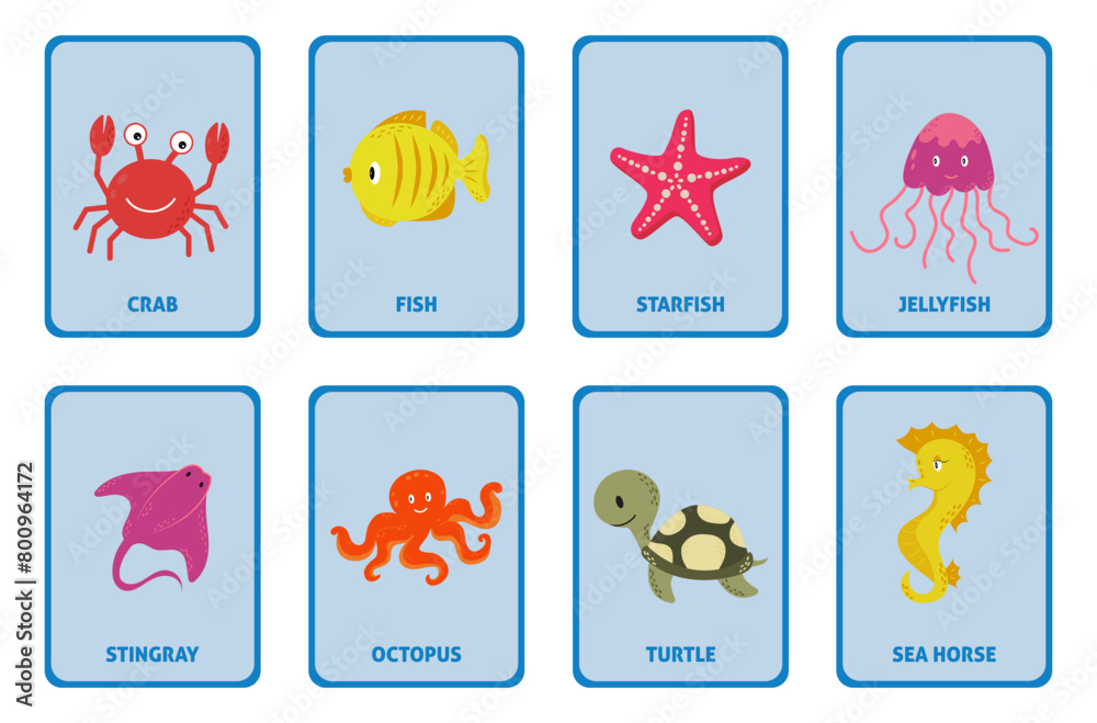 Underwater animals flashcard collection for children education. Learning ocean vocabulary.