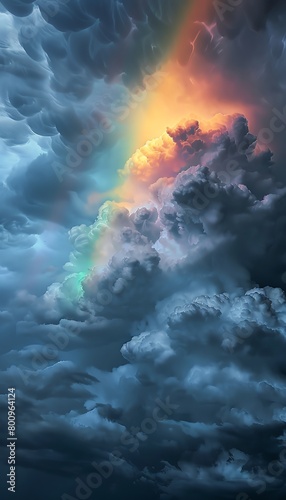 The dramatic sky scene captures a storm with a rainbow arching across dark, ominous clouds, contrasting the storm's grey with the vibrant spectrum of colors