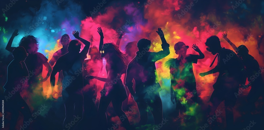 Group of people dancing in the dark, underground club party, hands raised and smiling, dance to music with colorful lights illuminating their silhouettes against smoke