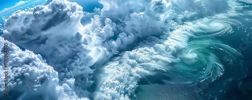 Highaltitude view of a storm over the ocean, showcasing swirling clouds tinged with the greens and blues of the sea below photo