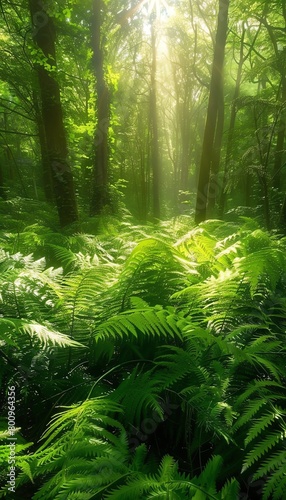 Lush green ferns covering the forest floor  with sunlight filtering through the canopy  casting dappled light and creating a tranquil atmosphere