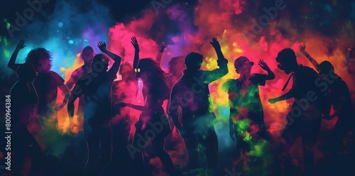 Group of people dancing in the dark, underground club party, hands raised and smiling, dance to music with colorful lights illuminating their silhouettes against smoke © GreenOptix