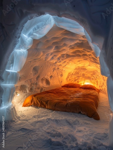 Cosy bed tucked inside a warmly lit ice cave for a unique winter experience.