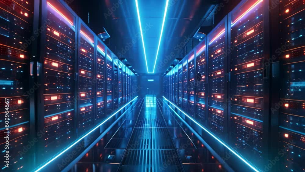 Photo of a vast, elongated space filled with multiple lines of server racks, A futuristic data center with glowing servers Photo of a vast, elongated space filled with multiple lines of server racks, A futuristic data center with glowing servers