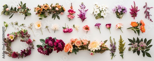 The product display presents an array of meticulously arranged flower crowns atop a pristine white table, showcasing a diverse range of styles and colors photo