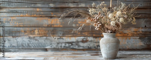 Rustic arrangement of dried flowers and grasses in a vintage vase, set against a weathered wooden background, conveying a cozy, antique feel