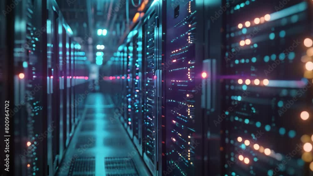 A photo capturing the rows of servers in a data center, illuminated in the darkness of the night, A futuristic data center with glowing servers