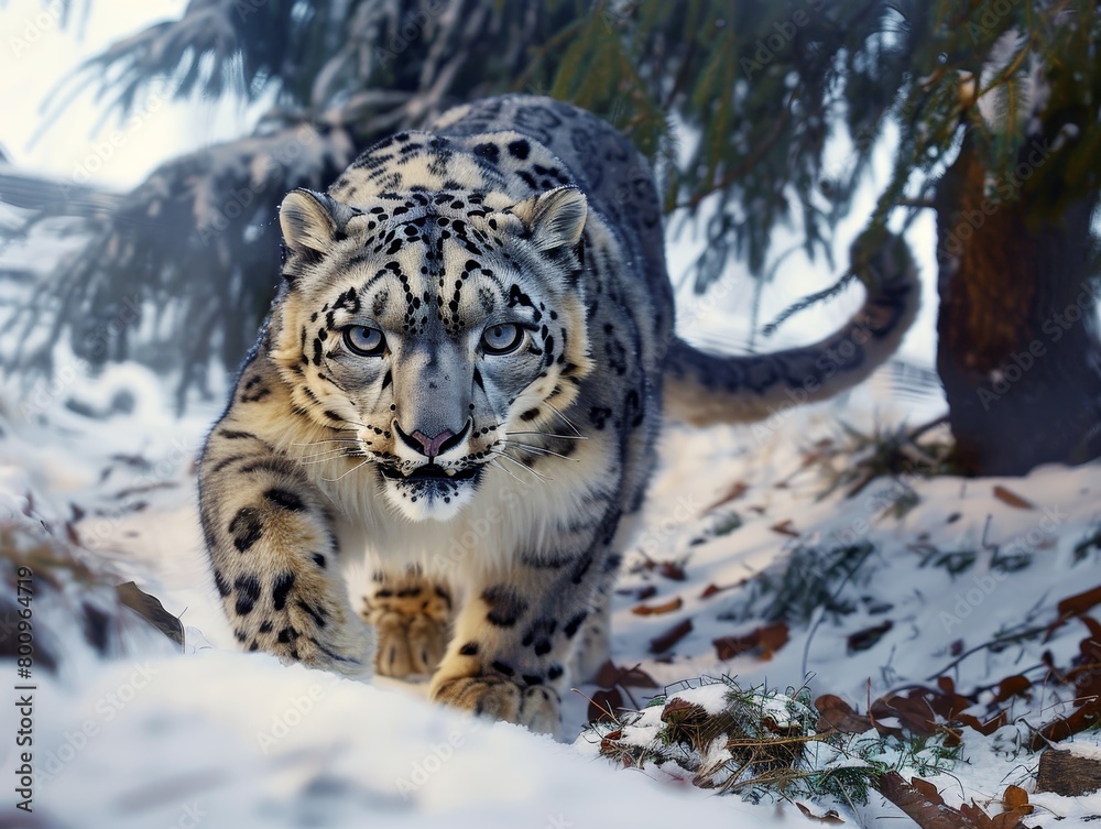 Obraz premium Snow leopard advancing in a snowy landscape, eyes fixed forward.