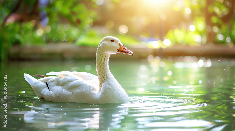 Obraz premium White goose swimming in the pond at a garden.