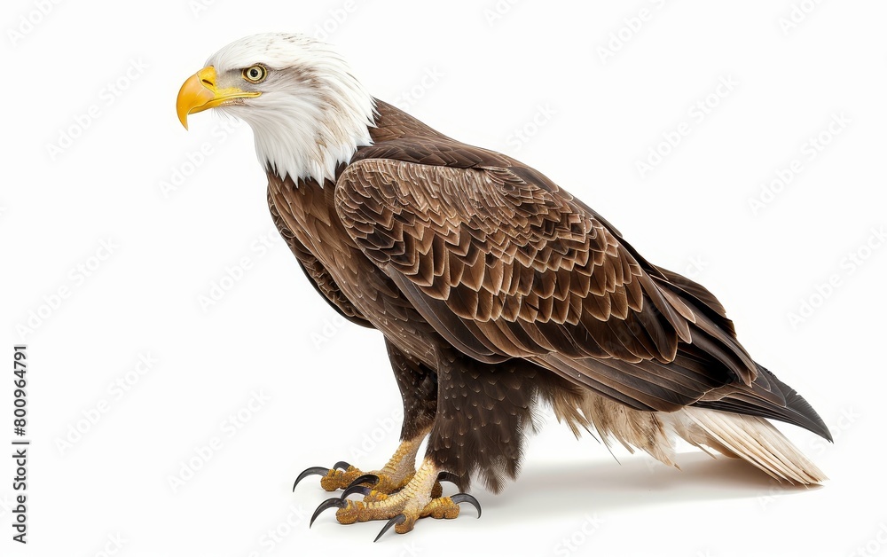 Fototapeta premium Side profile of a bald eagle with sharp eyes and a strong beak, standing regally with detailed plumage.