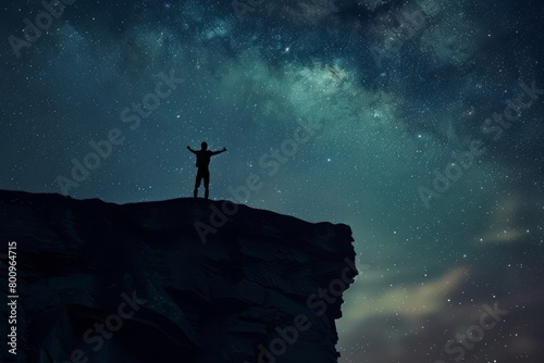 A silhouette of a person standing on a cliff edge, their arms raised in triumph as they conquer their fear and embrace the vastness, Generative AI