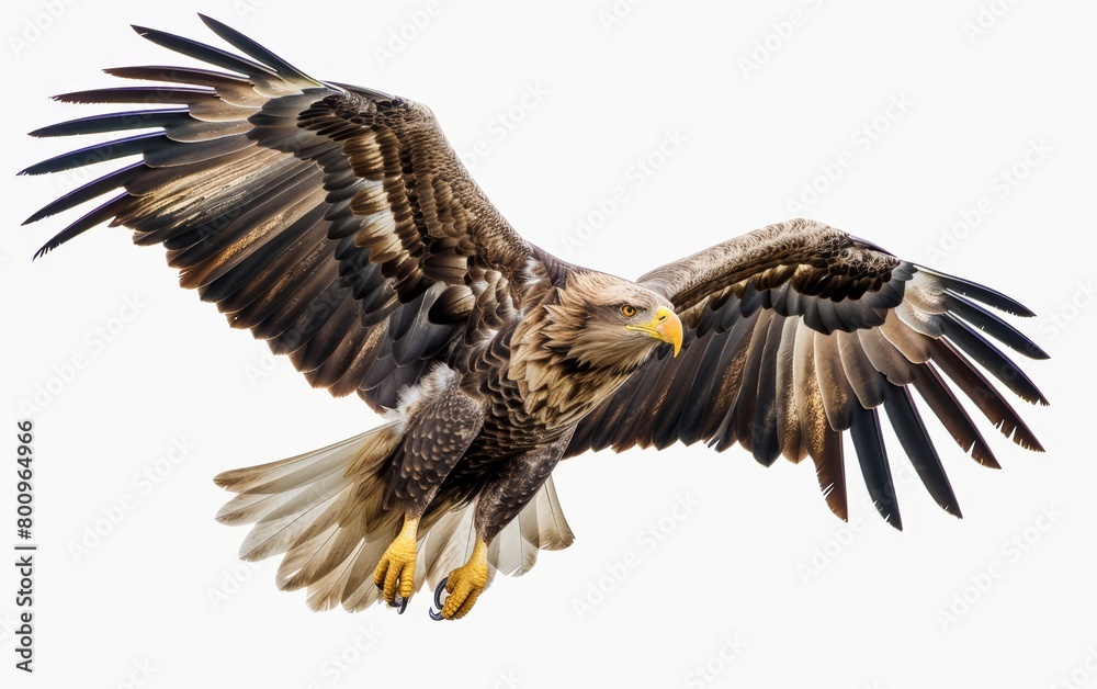 Obraz premium Majestic eagle soaring with wings fully spread, detailed feather patterns visible against a light backdrop.