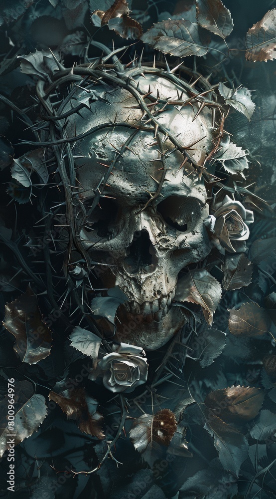 Fototapeta premium Gothic theme with skull and roses, tattoo elements, AI generated