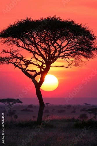 Sunset behind an Acacia tree in Africa
