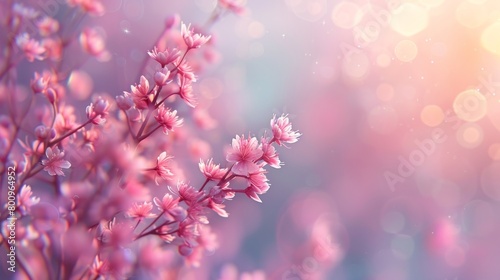 Pink flowering branches against a vibrant gradient backdrop with copy space for text.