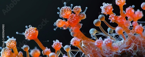 Artists interpretation of slime mold in a macro photography exhibit, emphasizing the alienlike beauty of this unique organism through enhanced color contrasts photo