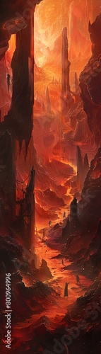 Artists impression of a mythical hell scene, featuring fiery pits and shadowy figures in a foreboding, dark red and orange setting