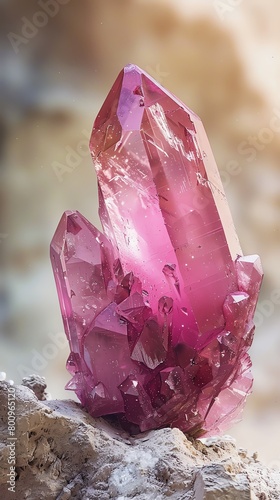 The closeup of a rare pink carborundum crystal features its jagged surface catching the light, set against a soft, neutral backdrop to emphasize its unique color photo