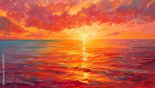 Closeup of the sun setting over the ocean  with the sky painted in vibrant shades of orange  red  and pink  reflecting on calm waters