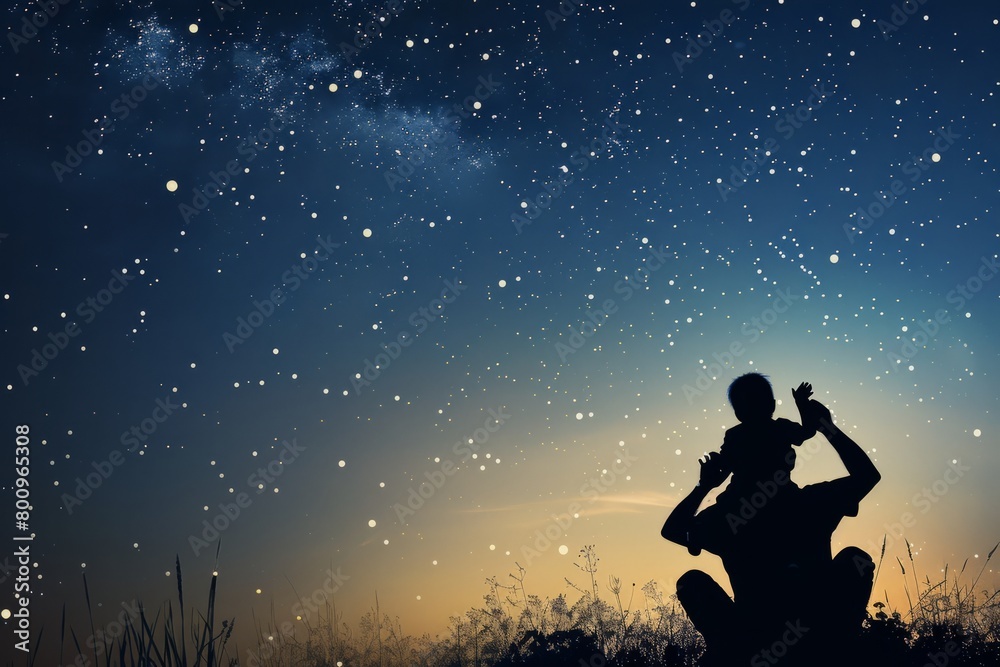 child sitting on their father's shoulders, their tiny silhouette reaching up towards the stars as they marvel at the beauty night sky, Generative AI child sitting on their father's shoulders, their tiny silhouette reaching up towards the stars as they marvel at the beauty night sky, Generative AI