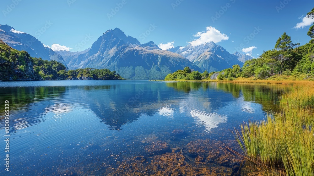 Lake With Mountains and Grass. Generative AI