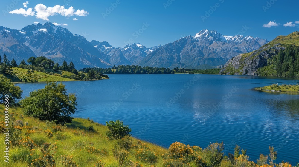 Majestic Mountain Lake Surrounded by Peaks. Generative AI