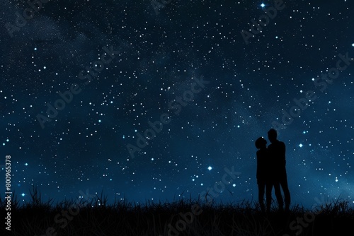 Silhouettes of friends or lovers stargazing together, their outlines traced against the backdrop of a vast, twinkling night sky, Generative AI © ManusiaIkan