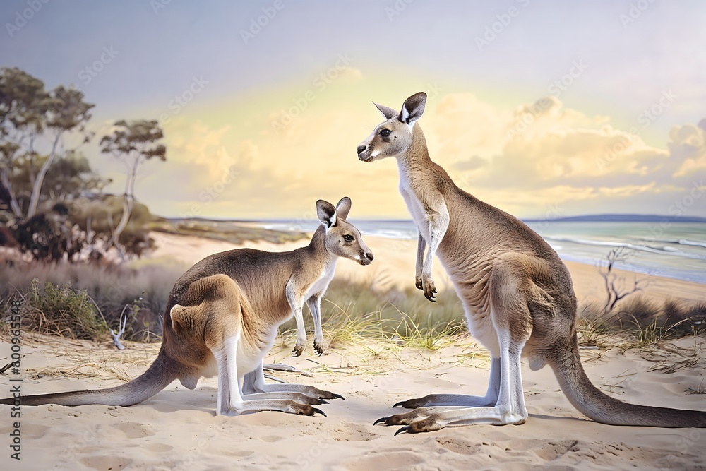 Naklejka premium Kangaroos on a sandy beach
