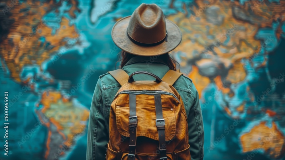Person With Backpack and Hat Looking at Map. Generative AI
